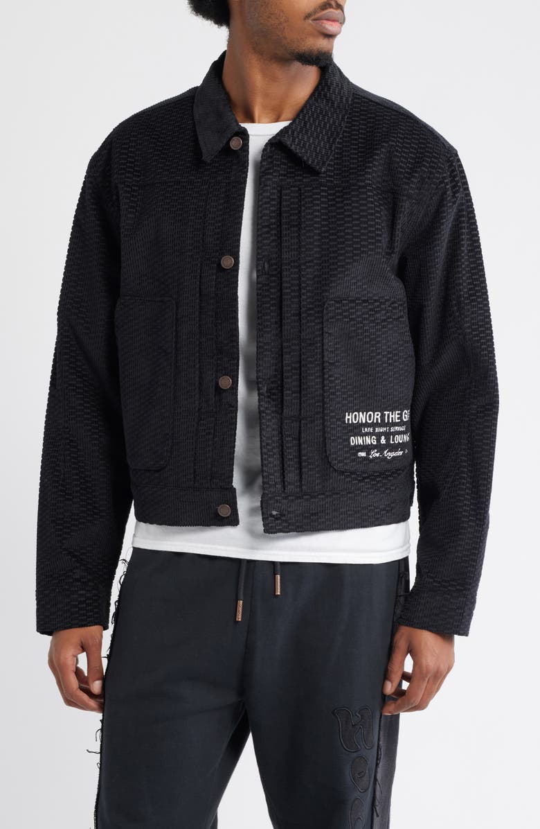 HONOR THE GIFT Logo Detail Cotton Corduroy Jacquard Jacket, Main, color, Black