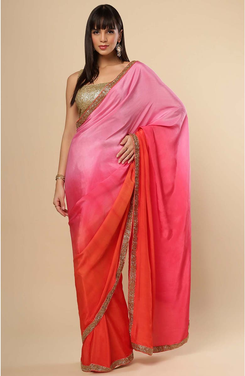 One Minute Saree<sup>®</sup> Chandini Pink & Orange Ombre Modal Satin With Gold Sequins Border Ready To wear Saree, Main, color,