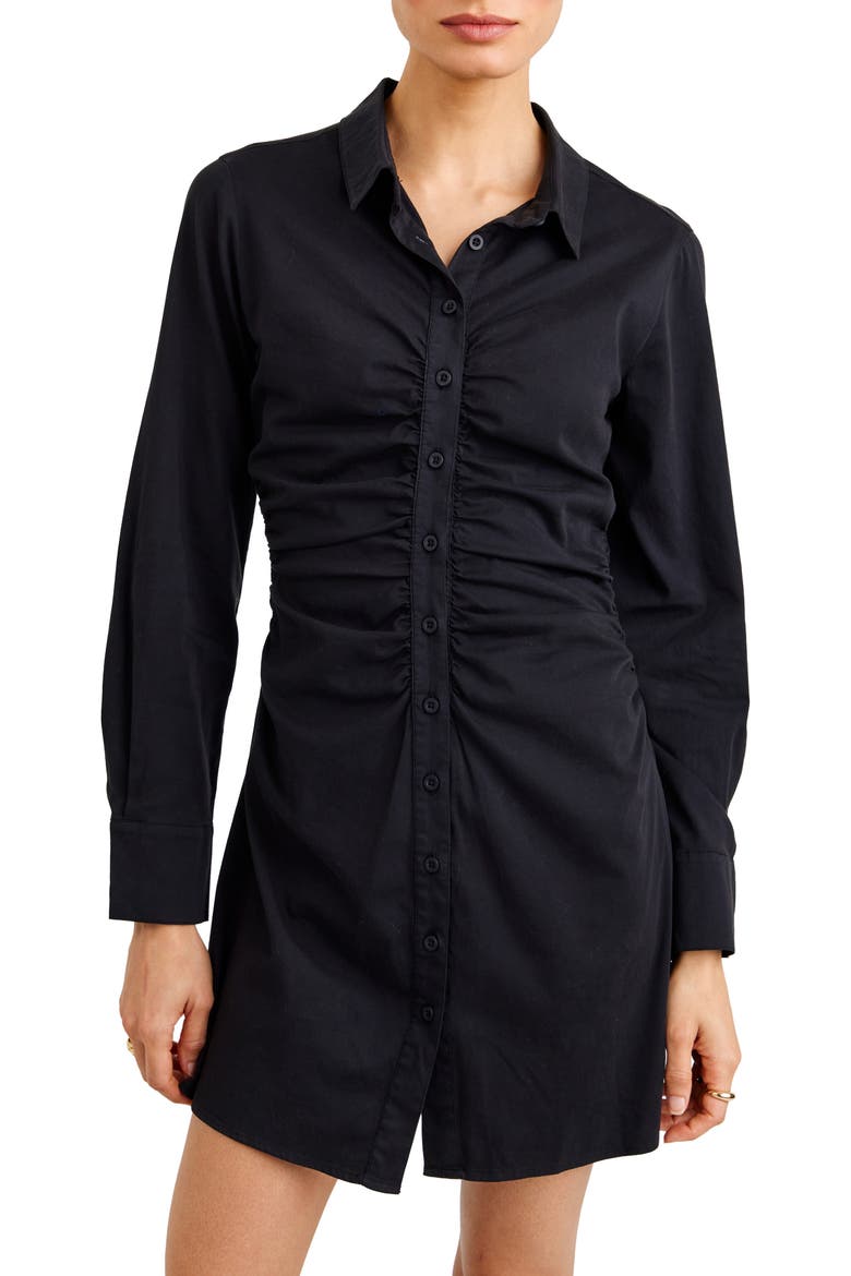 Shirred Long Sleeve Mini Shirtdress, Alternate, color, BLACK