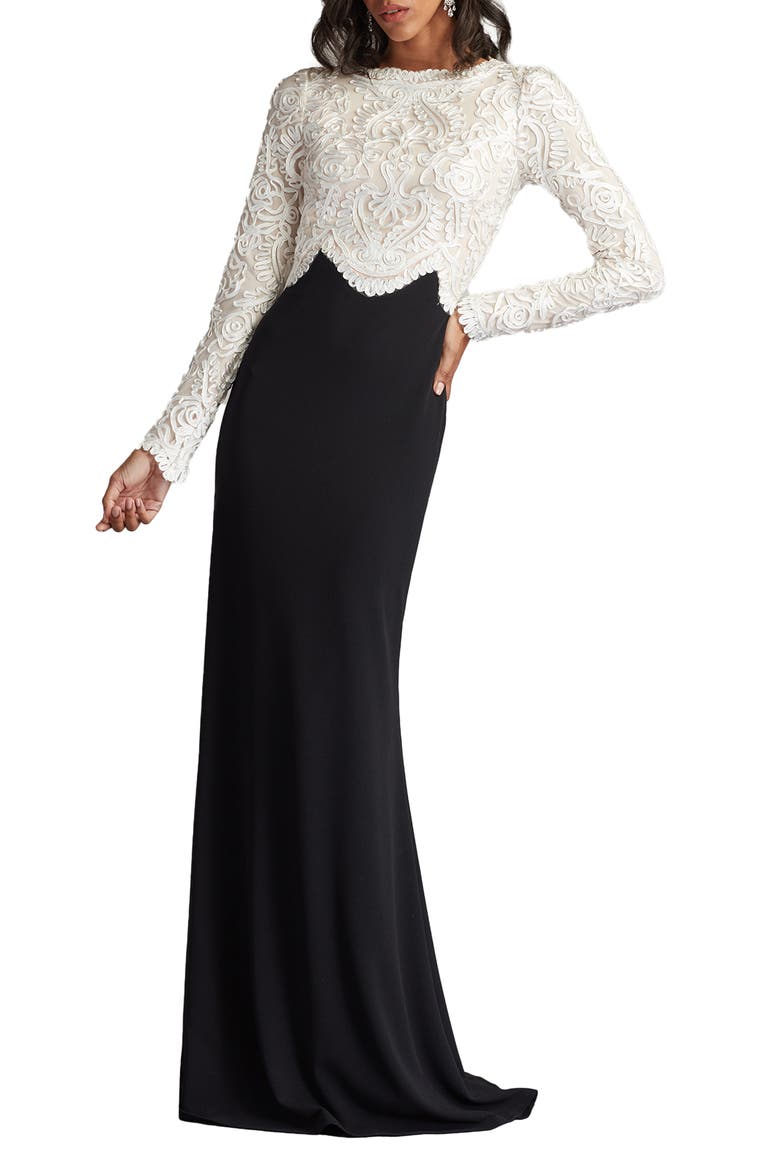 Scroll Lace Long Sleeve Crepe Gown, Main, color, IVORY/ BLACK