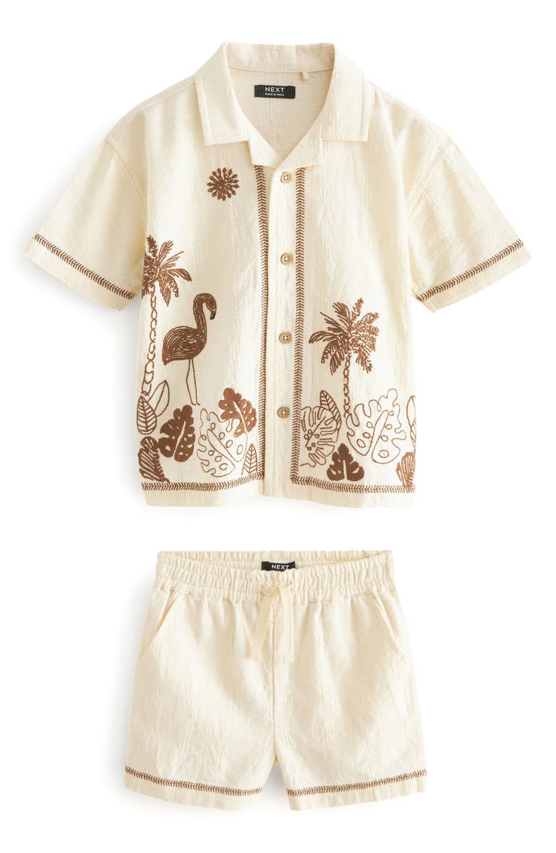 NEXT Kids' Flamingo Print Camp Shirt & Shorts Set, Main, color, 