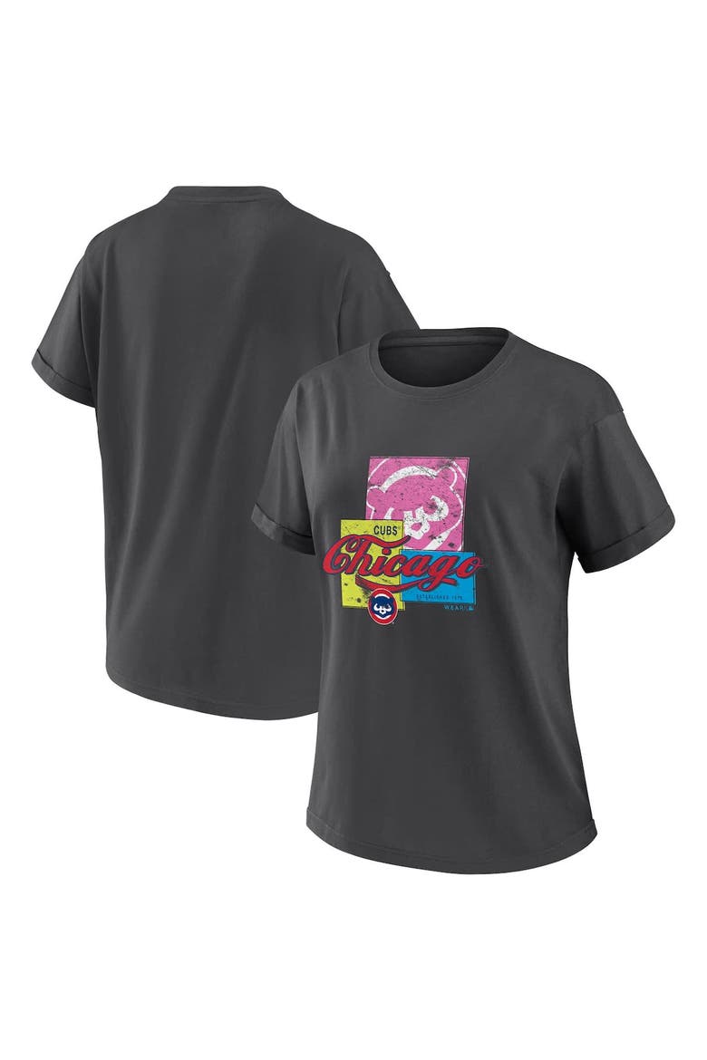 Women's WEAR by Erin Andrews Charcoal Chicago Cubs Domestic Box Color Boyfriend T-Shirt, Alternate, color, Charcoal