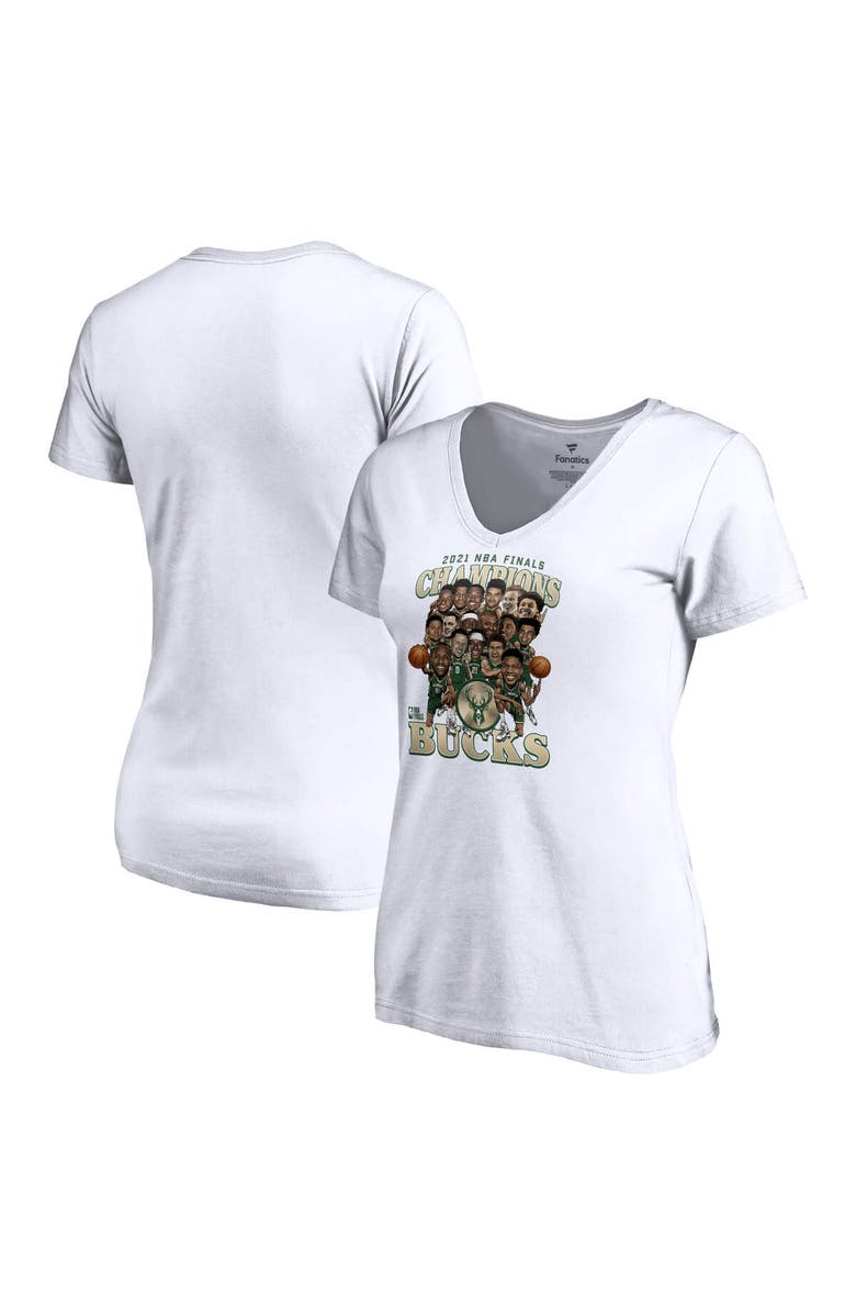 FANATICS Women's Fanatics Branded White Milwaukee Bucks 2021 NBA Finals Champions Team Caricature Roster V-Neck T-Shirt, Alternate, color, 
