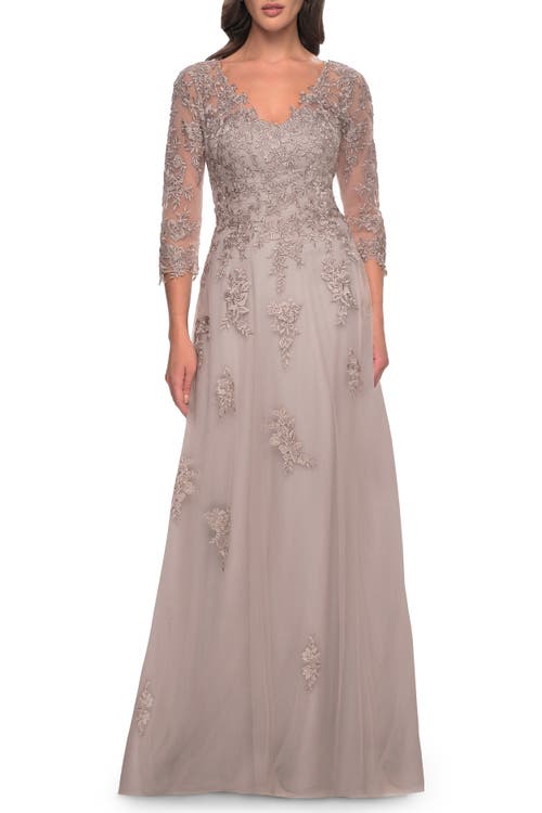 La Femme Tulle And Lace A-line Dress With V Neckline In Dusty Mauve
