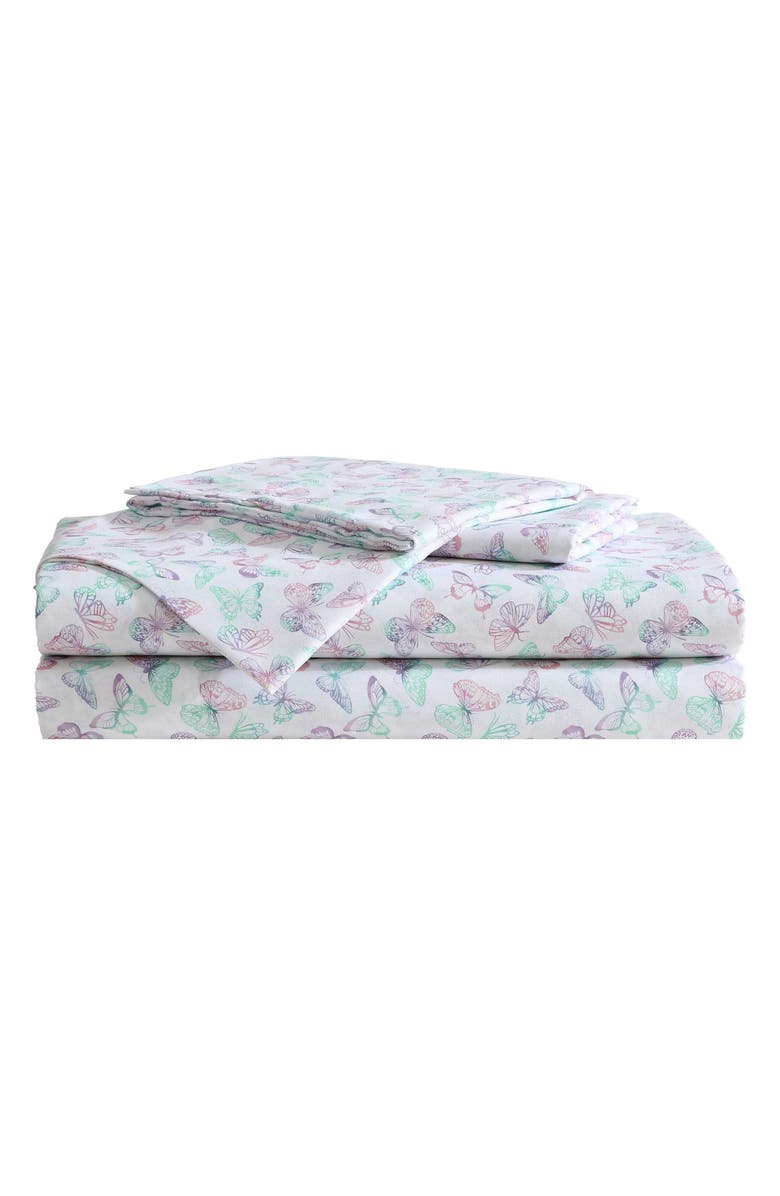 Betsey Johnson Butterfly Rainbow Sheet Set, Main, color, Pastel Purple