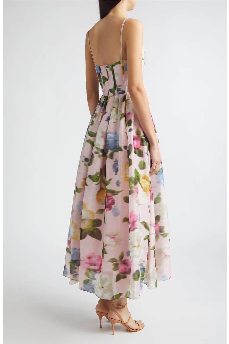 Chiné Floral Print Linen & Silk Corset Midi Dress, Alternate, color, ROSEWATER MULTI