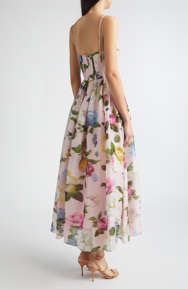Carolina Herrera Chiné Floral Print Linen & Silk Corset Midi Dress, Alternate, color, Rosewater Multi
