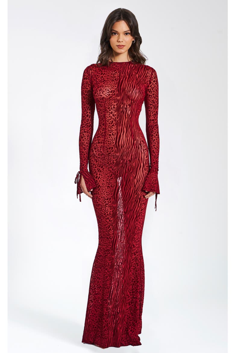 Waylynn Sheer Burnout Velvet Backless Evening Maxi Dress, Main, color, Burgundy