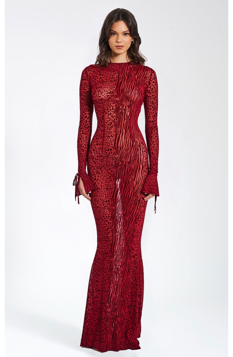 Miss Circle Waylynn Sheer Burnout Velvet Backless Evening Maxi Dress, Main, color, Burgundy