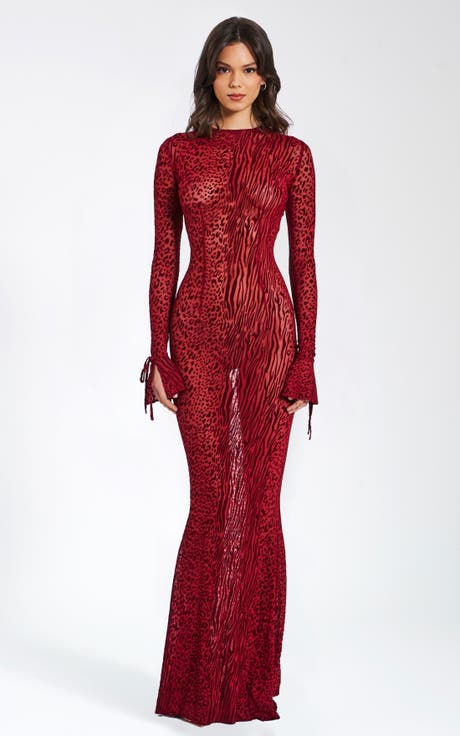 Waylynn Sheer Burnout Velvet Backless Evening Maxi Dress