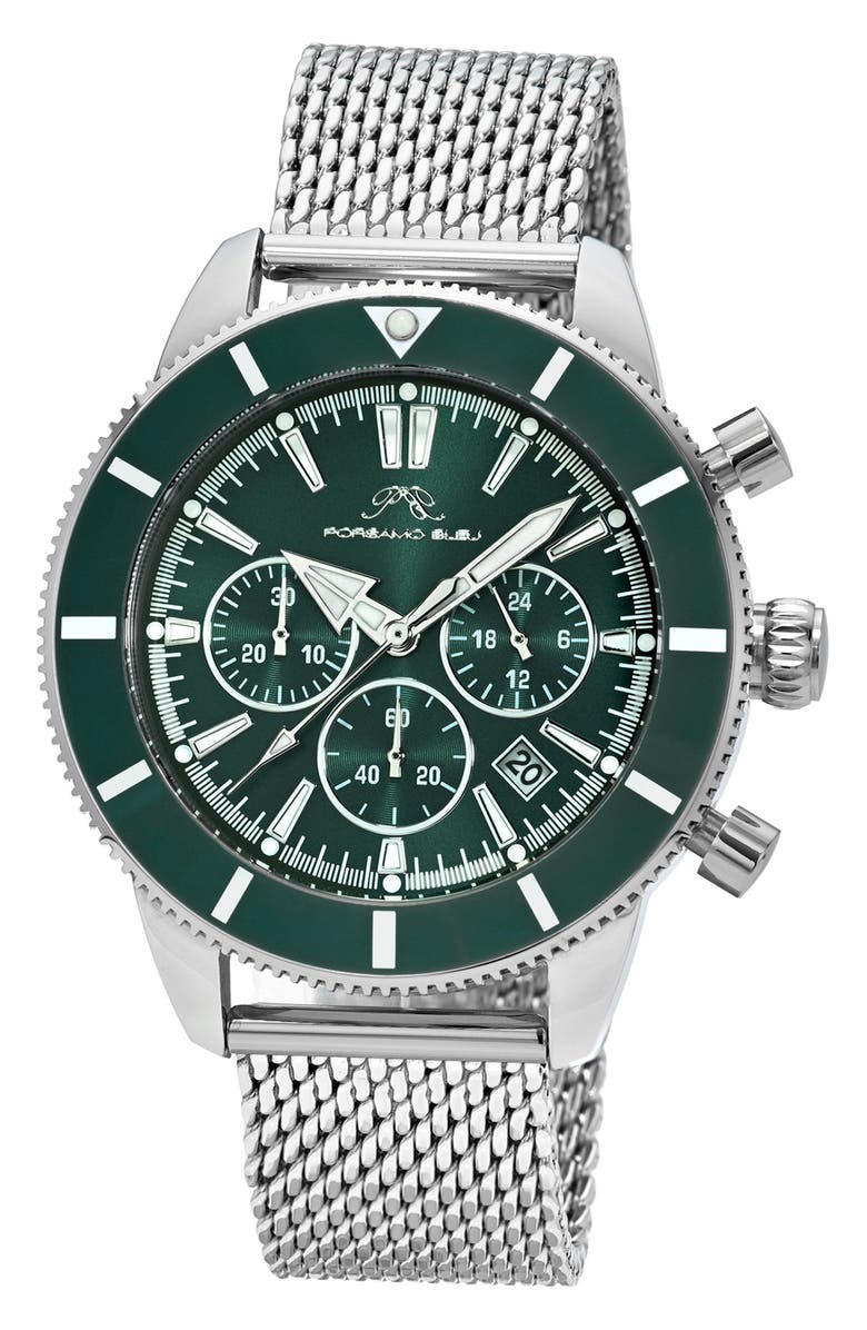 PORSAMO BLEU Brandon Chronograph Mesh Strap Watch, 44mm, Main, color, Silver/Green