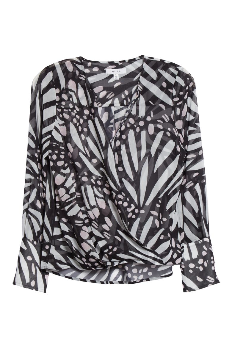 Elysa Graphic Butterfly Long Sleeve Blouse, Alternate, color, BLACK/WHITE