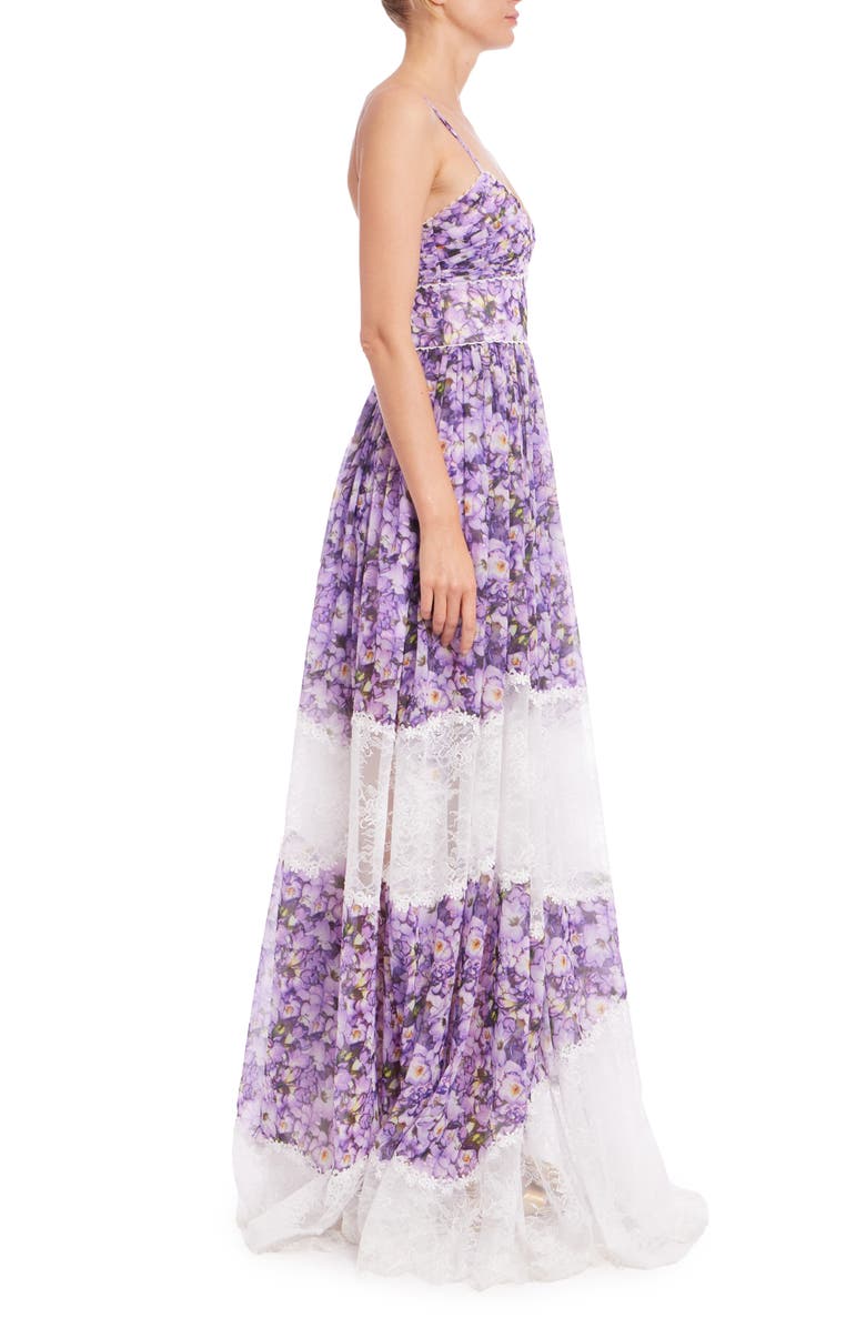 Badgley Mischka Collection Floral Print Chiffon & Lace Gown, Alternate, color, Lilac Multi