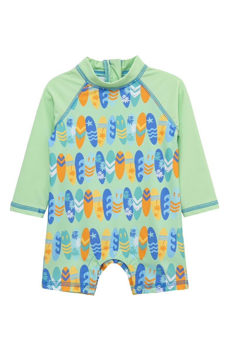 Little Me Surf Colorblock Long Sleeve UPF 50+ One-Piece Rashguard Swimsuit, Main, color, Green