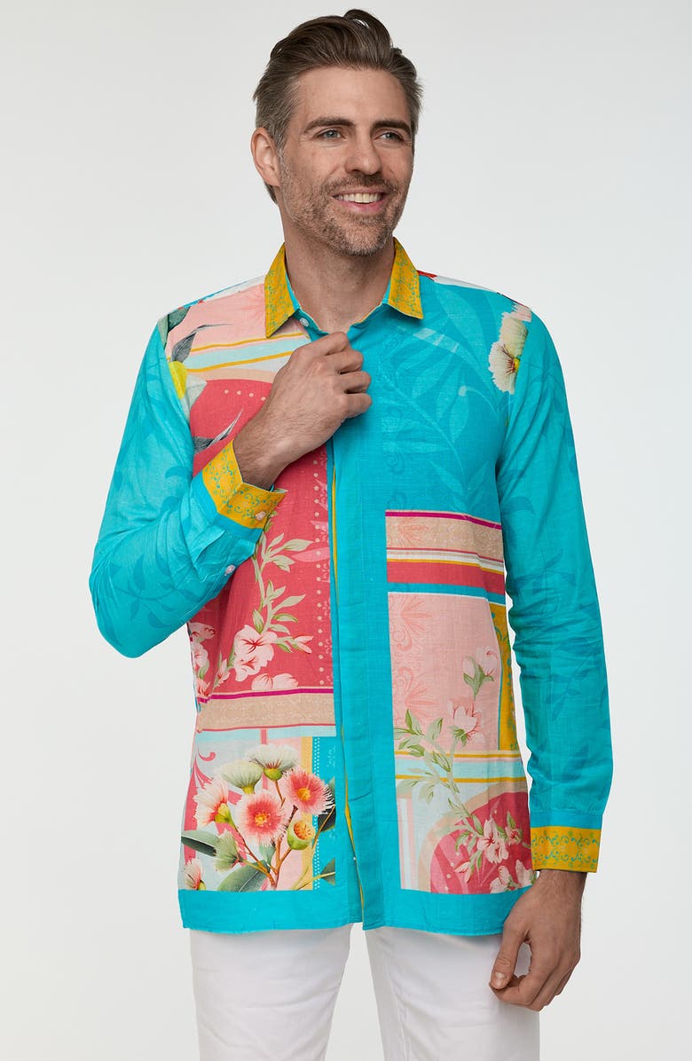 RANEES Tropical Button-Up Resort Shirt, Alternate, color, Aqua