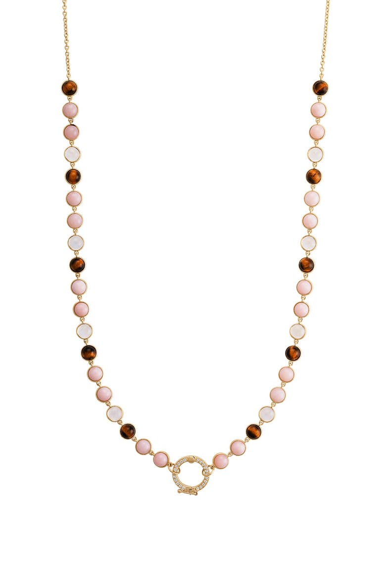 14k Gold Multi-Stone Cabochon Station Necklace, Main, color, PINK OPAL/ TIGER EYE