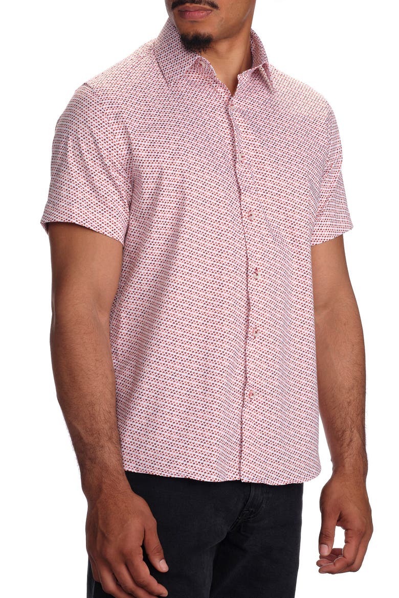 Micro Print Short Sleeve Stretch Cotton Button-Up Shirt, Alternate, color, RED