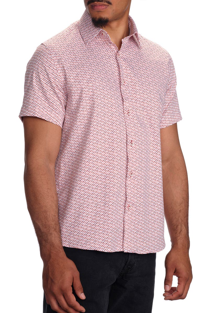 STUDIO GARNET LOS ANGELES Micro Print Short Sleeve Stretch Cotton Button-Up Shirt, Alternate, color, Red