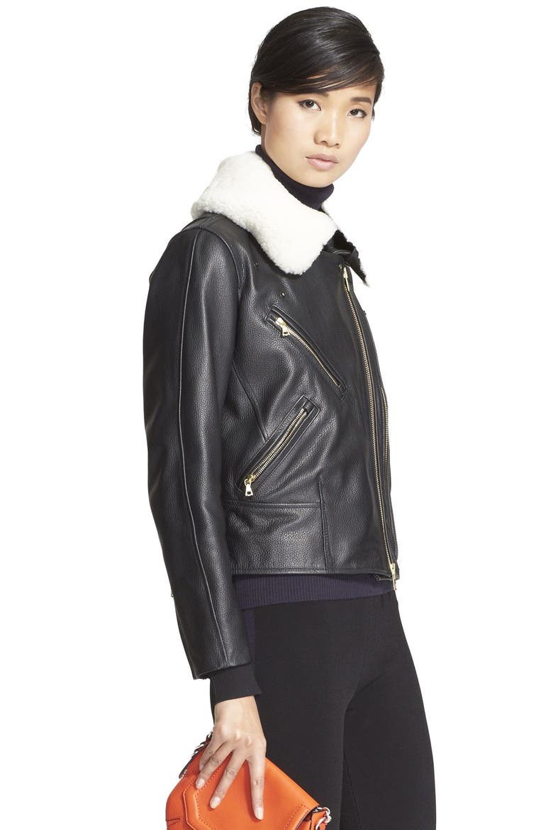 'Minerva' Leather & Shearling Biker Jacket, Main, color, BLACK