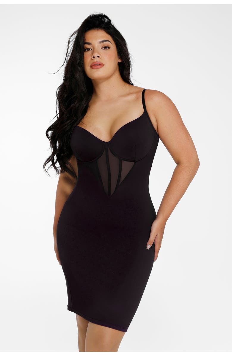 Popilush Shapewear Mesh Corset Panel Built-In Sculpting Midi Dress, Main, color, Black