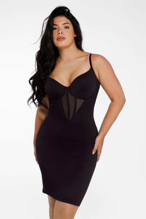 Shapewear Mesh Corset Panel Built-In Sculpting Midi Dress