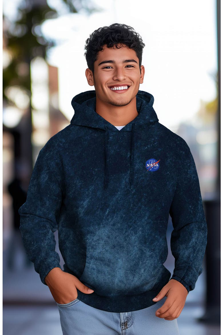 NASA Mineral Wash Hoodie Dalix NASA Embroidered Fleece Hoodie Mineral Wash Long Sleeve Sweatshirt Me, Alternate, color, Navy Blue
