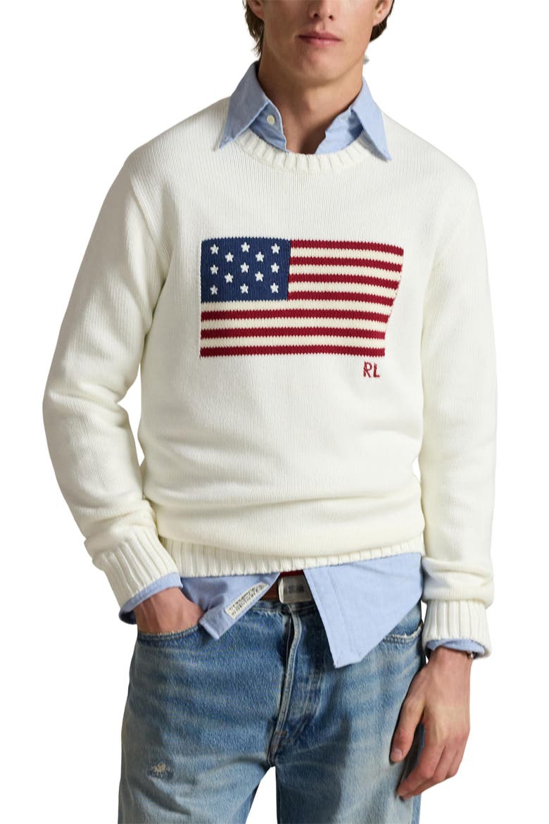 Intarsia Flag Cotton Crewneck Sweater, Main, color, WHITE