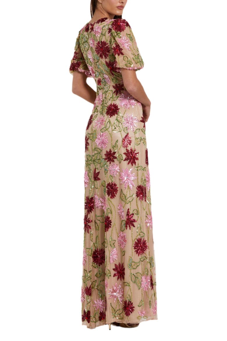 Floral Embroidered Mesh Gown with Statement Sleeves, Alternate, color, Nude Multi