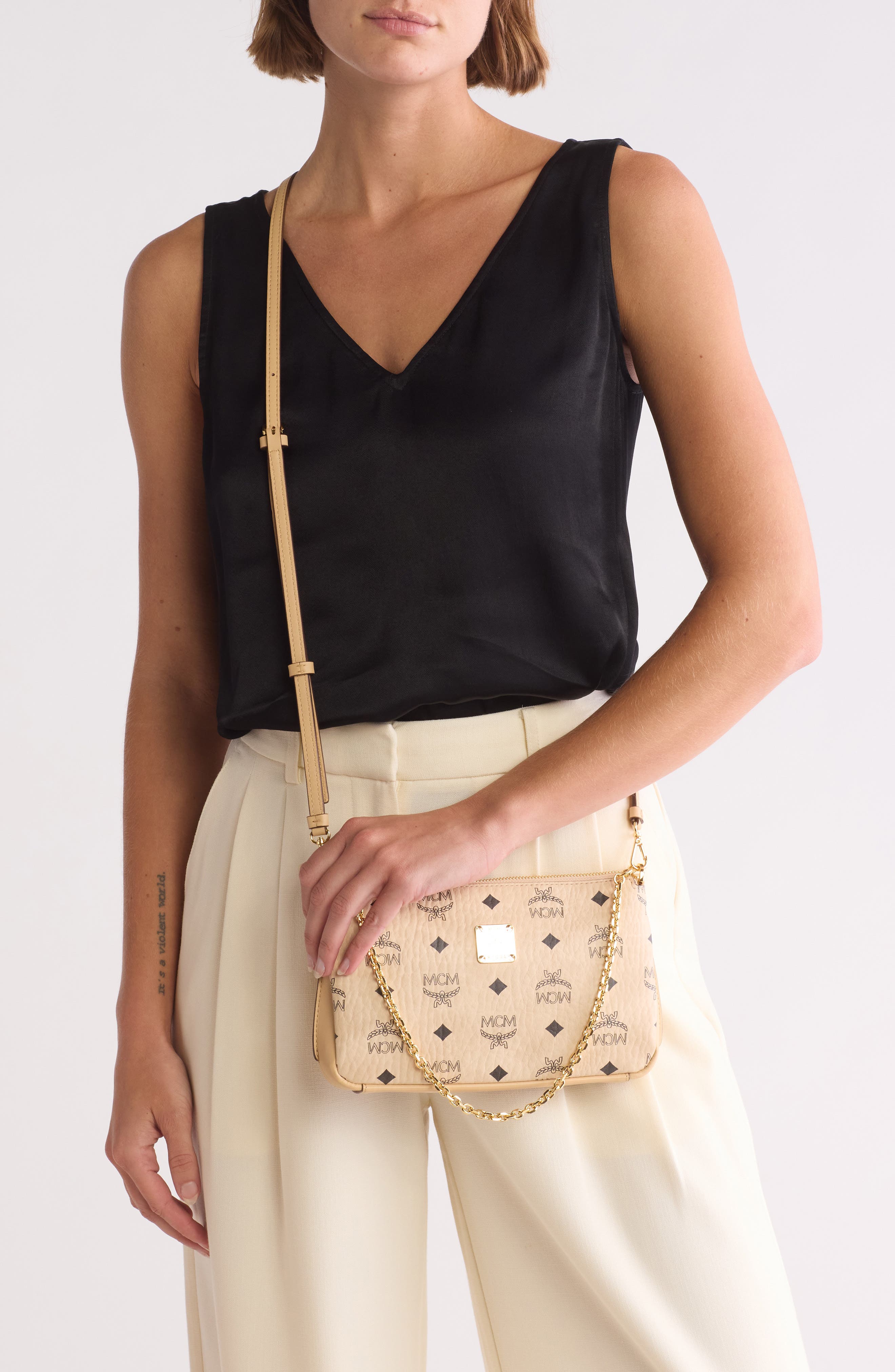 MCM Aren Shoulder Bag, Alternate, color, Beige