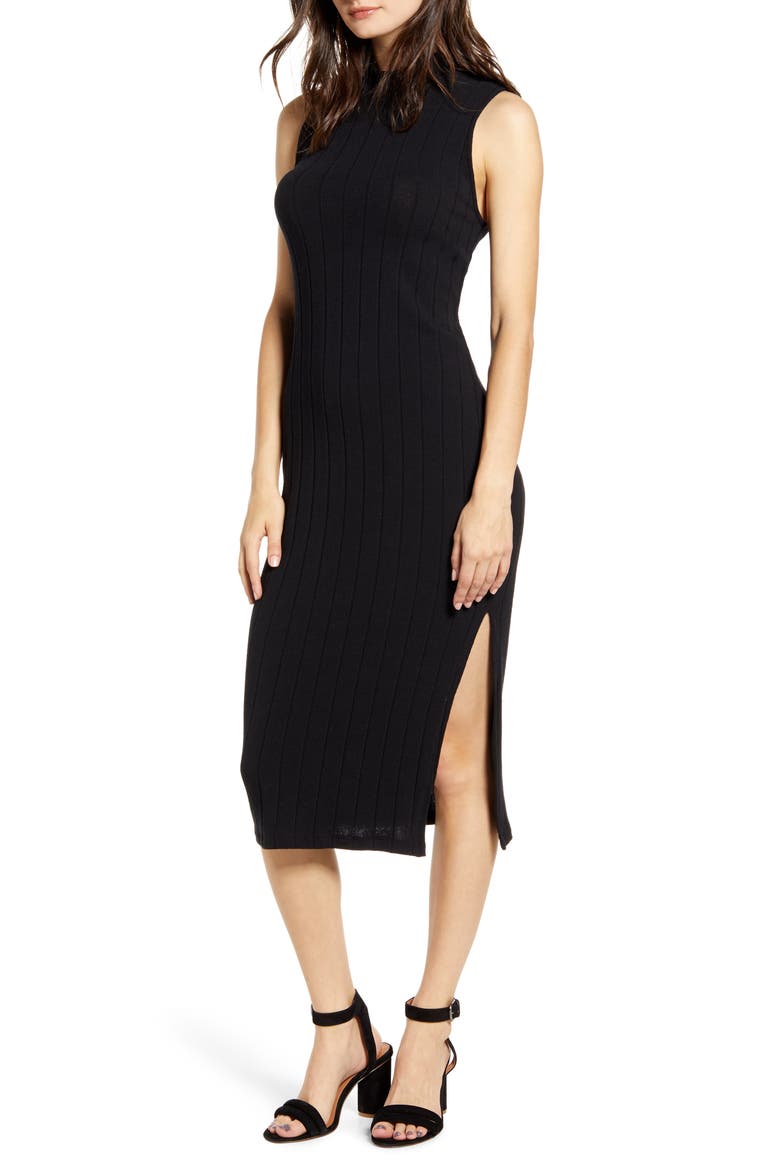Mock Neck Ribbed Midi Dress, Main, color, BLACK