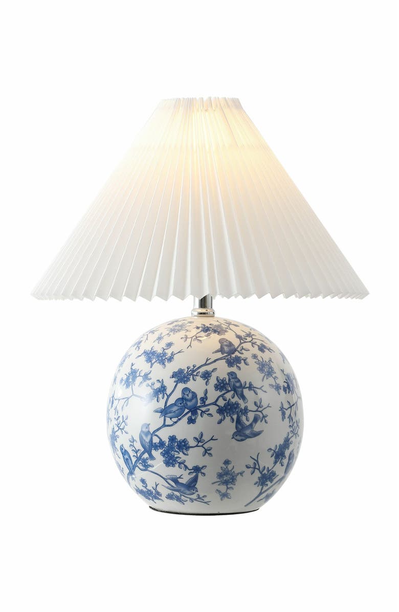 JONATHAN Y Shishen Cottage Classic Chinoiserie Ceramic Orb LED Table Lamp with Pleated Shade, Main, color, White/Blue