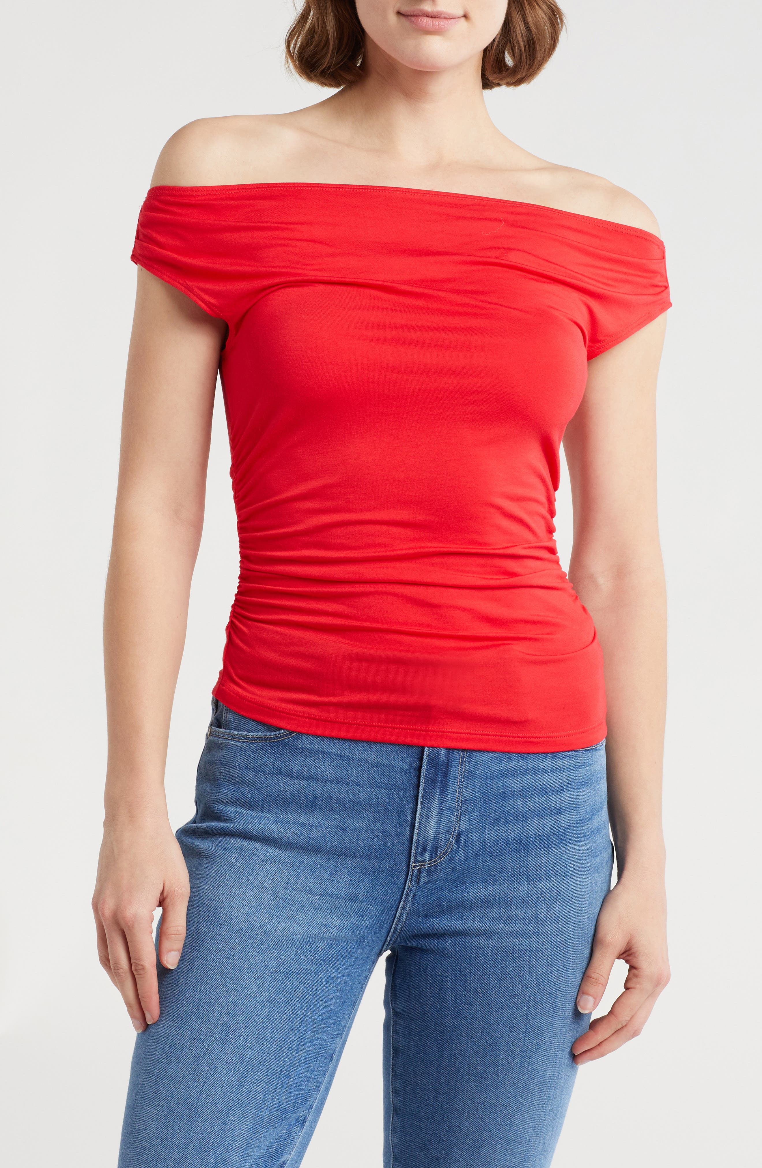 Elodie Off the Shoulder Cap Sleeve Ruched Top
