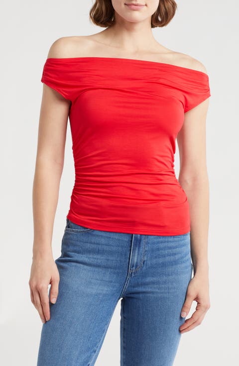 Off the Shoulder Cap Sleeve Ruched Top