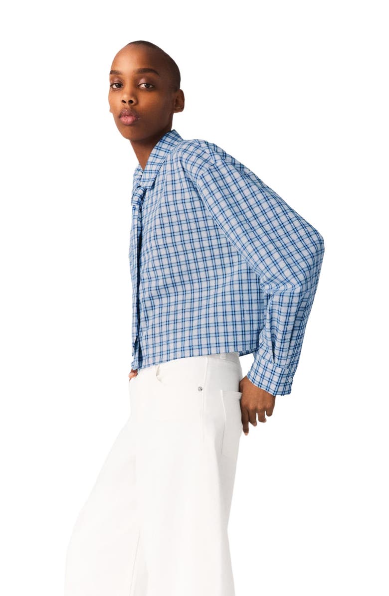 maje Rhinestone shirt with removable tie, Alternate, color, Blue Check Print
