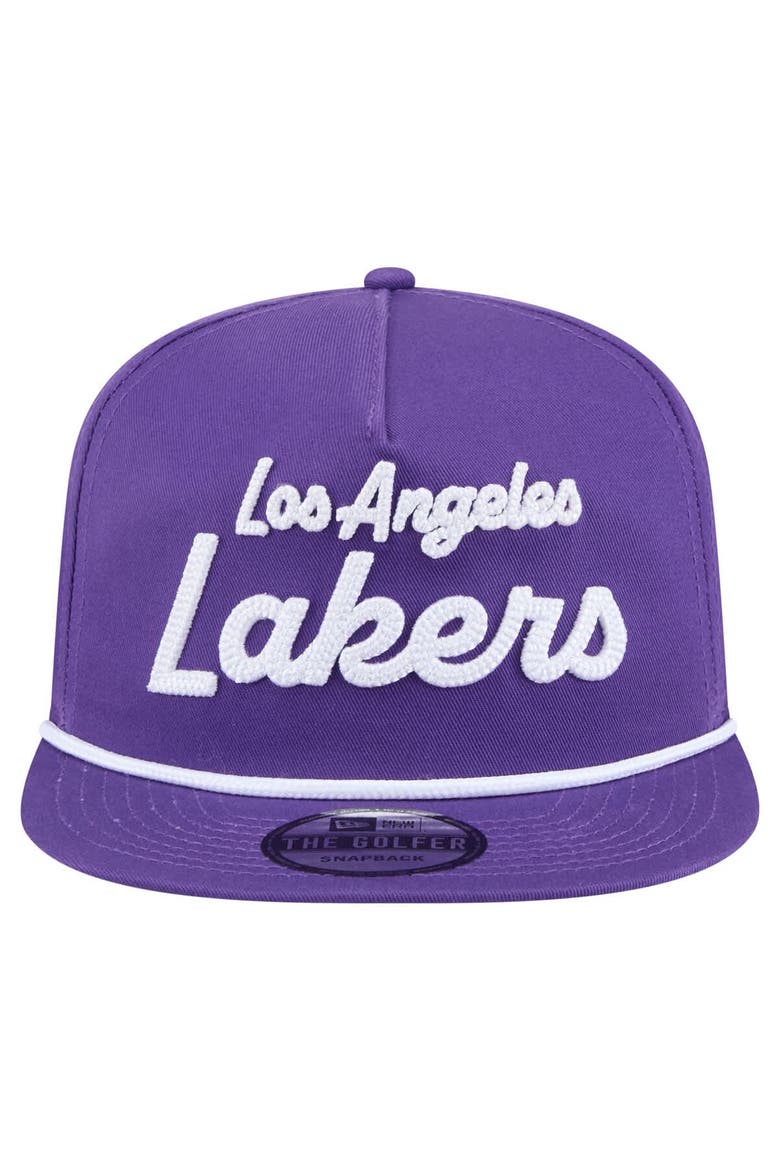 Men's New Era Purple Los Angeles Lakers Team Text Golfer Snapback Hat, Alternate, color, Purple