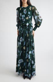 Erdem Floral Long Sleeve Silk Voile Gown