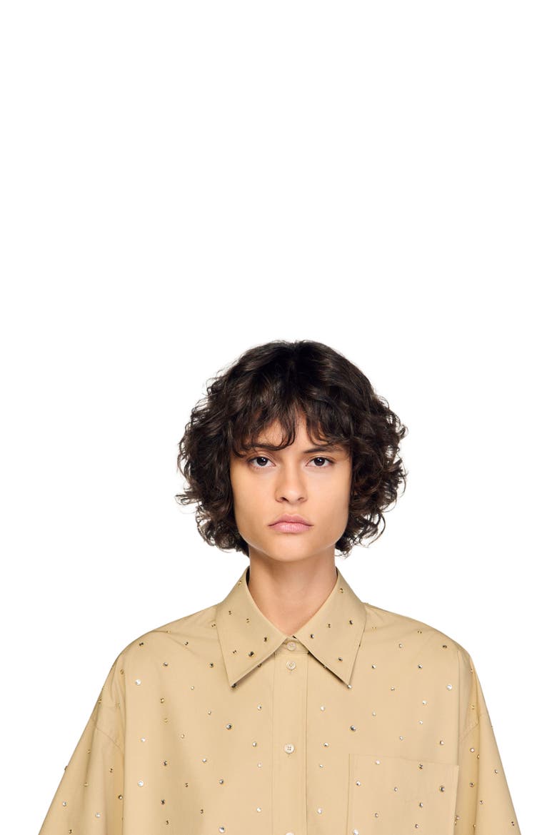 Cotton shirt with rhinestones, Alternate, color, Beige