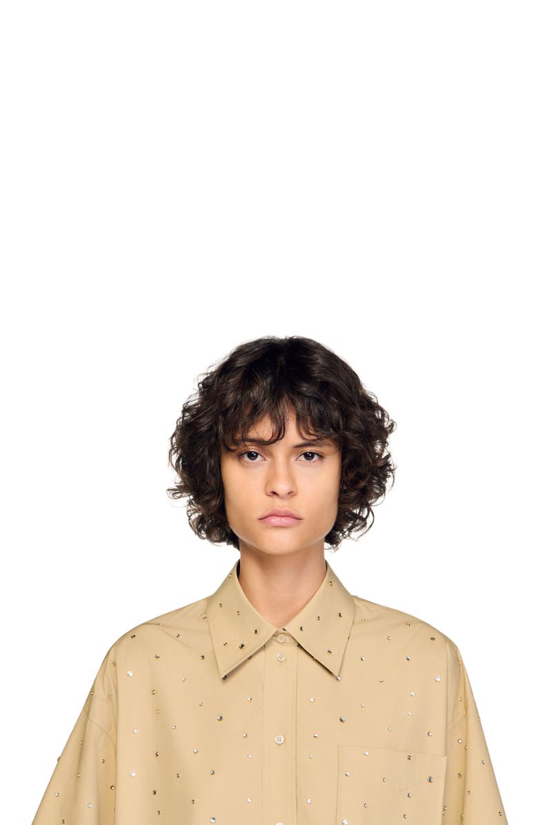 SANDRO Cotton shirt with rhinestones, Alternate, color, Beige