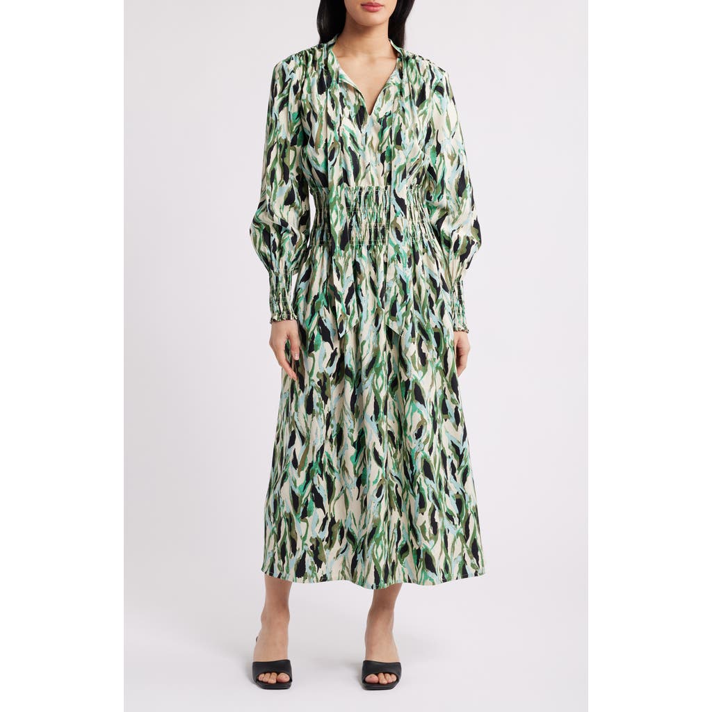 Masai Copenhagen Nomina Abstract Print Long Sleeve Dress In Dark Lichen Green