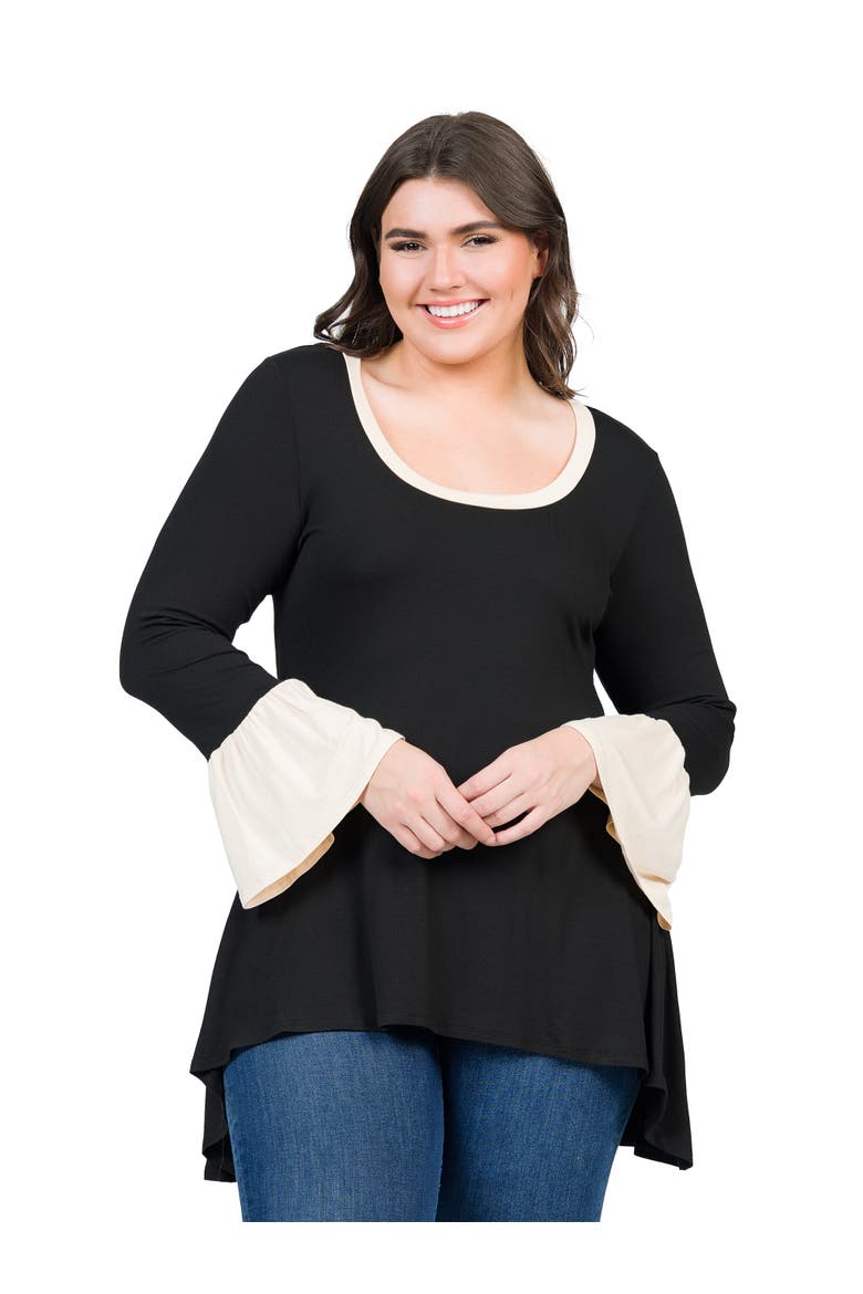 Plus Size Black and Beige Bell Sleeve Hi Low  Tunic Top, Main, color, Black