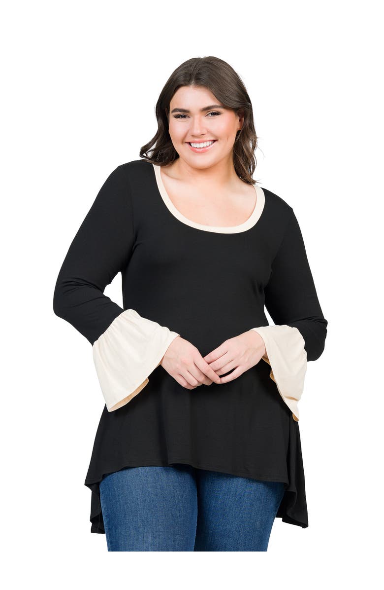 24seven Comfort Apparel Plus Size Black and Beige Bell Sleeve Hi Low  Tunic Top, Main, color, Black