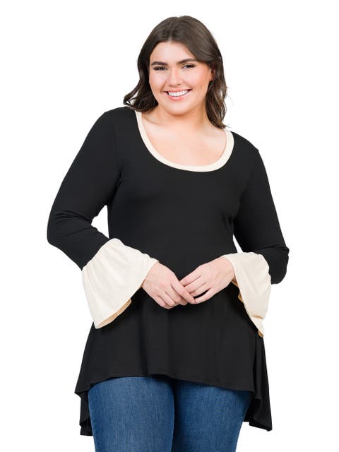 Plus Size Black and Beige Bell Sleeve Hi Low  Tunic Top