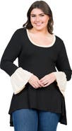 24seven Comfort Apparel Plus Size Black and Beige Bell Sleeve Hi Low  Tunic Top