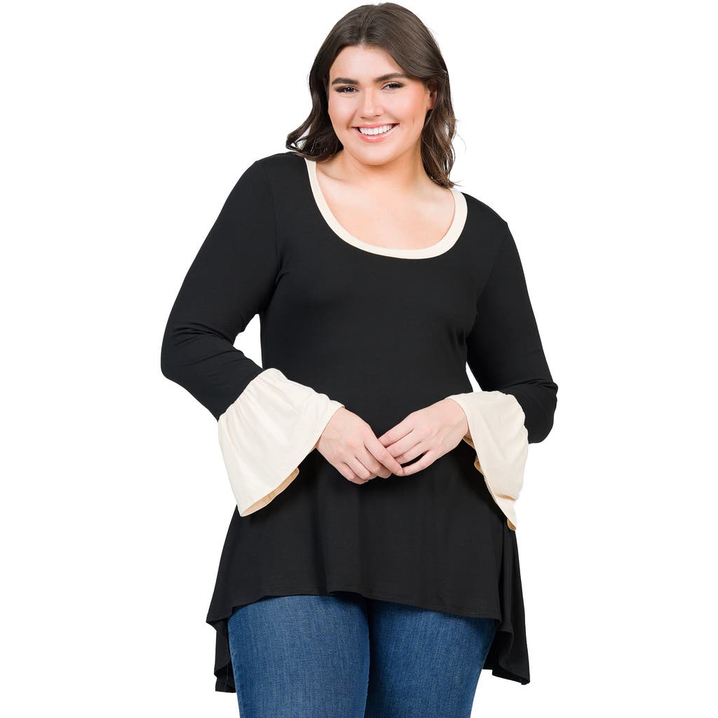 24seven Comfort Apparel Plus Size Black And Beige Bell Sleeve Hi Low Tunic Top In Blue