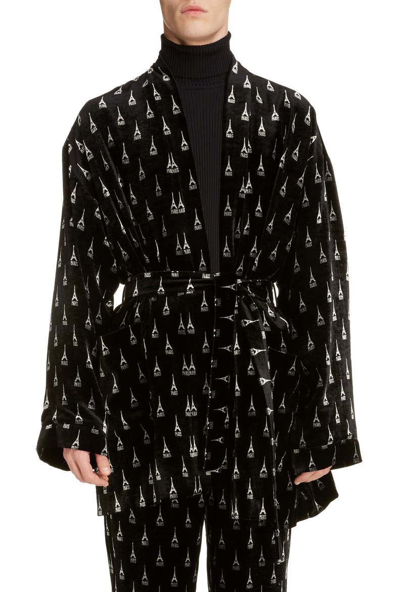 Eiffel Tower Velvet Pyjama Jacket, Main, color, BLACK