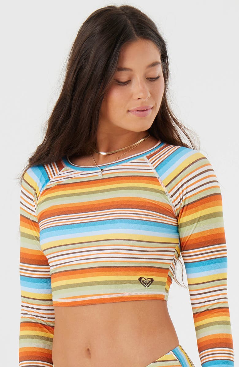 Roxy Stripe Long Sleeve Crop Rashguard, Alternate, color, Multi