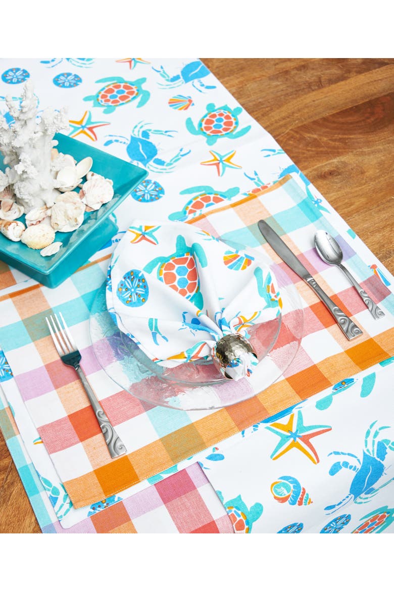 Caraway Coral Dining Table Runner 14" x 72" Blue Seaturtle Crab & Starfish Print, Alternate, color, Blue
