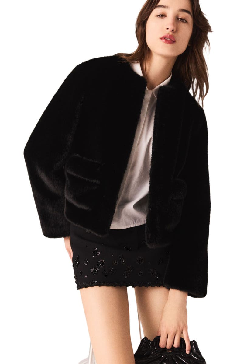 maje Short faux fur coat, Alternate, color, Black