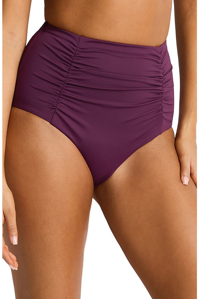 Shirred High Waist Bikini Bottoms, Alternate, color, CLARET
