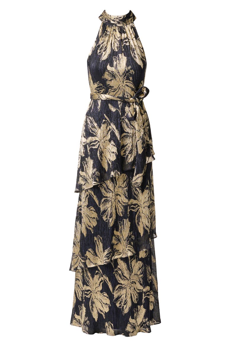 Floral Metallic Plissé Gown, Alternate, color, NAVY/ GOLD